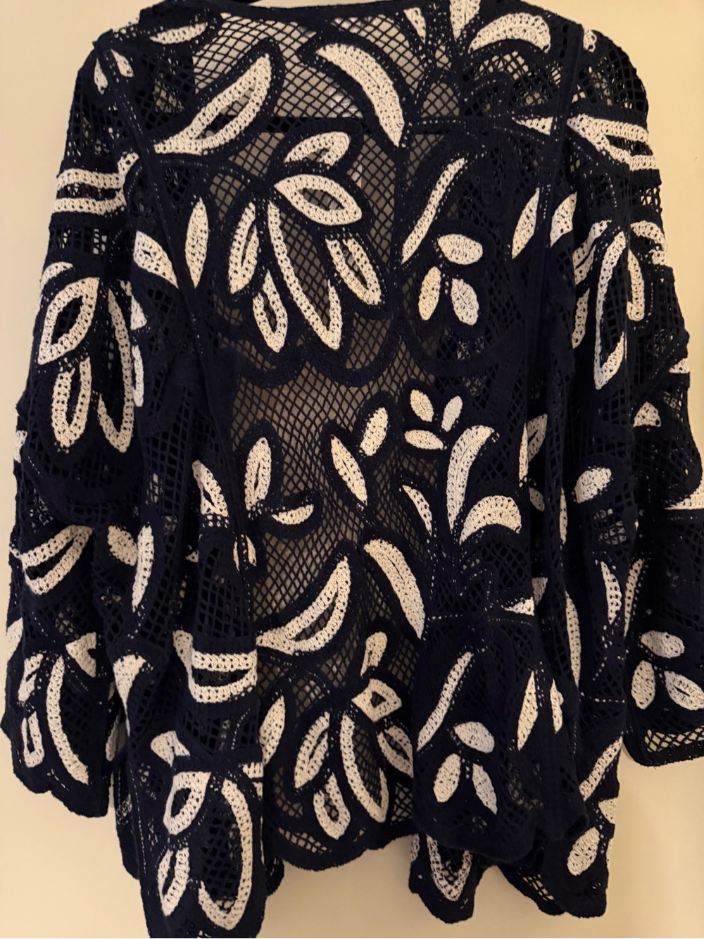 Chico's Navy and White Openwork Crochet Cardigan Shrug - Picture 6 of 8